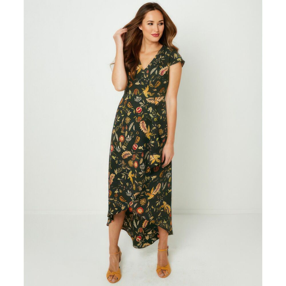 Joe Browns Dark Green Floral Asymmetrical Midi Dress 6 Leaves Pomegranate Bird